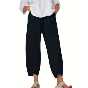 Women Casual High Elastic Waist Straight Pants With Pockets Tulip Hem Nine-Point Trousers Commute Style Polyester Bottoms