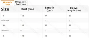 Detailed size chart for women's tiger print pants set including bust and length info