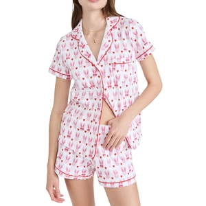 Women's pajama set featuring pink rabbit and red heart prints with contrast piping