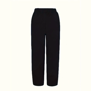 Women's minimalist high waisted black elastic trousers with straight leg design