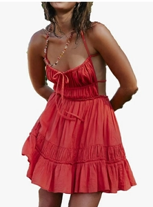 Women Sexy Backless Ruffle Mini Dress Ruched Tiered Hem Summer Beach Resort Sling Dress Sleeveless Solid Color Party Dress