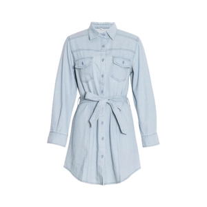 Light blue long-sleeved denim shirt dress with waist belt and chest pockets