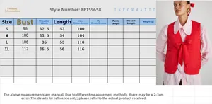 Detailed size chart for women's red quilted vest with ribbon tie featuring S to XL measurements
