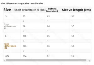 Size guide table for knitted Christmas top showing chest, length, and sleeve measurements