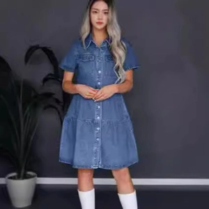 Detail of short sleeve denim dress featuring a classic lapel and front button closure