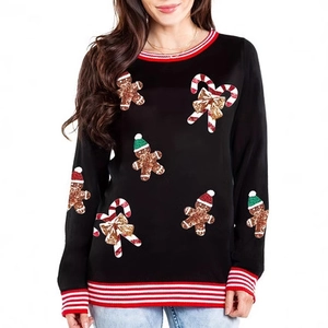 Detail of Christmas sweater featuring sequined gingerbread man and candy cane patterns