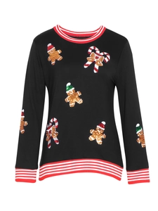 Women's black Christmas sweatshirt with gingerbread man sequins and striped cuffs