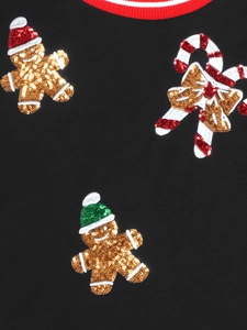 Women's black Christmas knit sweater featuring sequin gingerbread man and candy cane