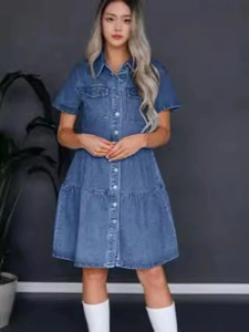 Women Casual Denim Short Sleeve Dress Lapel Single Breasted Tiered Hem Midi Skirt Pockets Polyester Summer Blue Dress