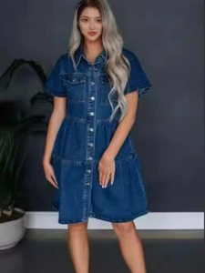 Short sleeve denim dress for women with lapel collar and tiered ruffle skirt in dark blue