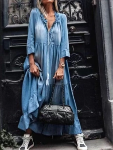Vestito Lungo a Balze da Donna Stile Boho Effetto Denim Lavato Scollo a V con Volant Manica Lunga Casual per Vacanza