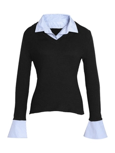Detail of V-neck patchwork knit sweater with blue striped shirt collar and cuffs