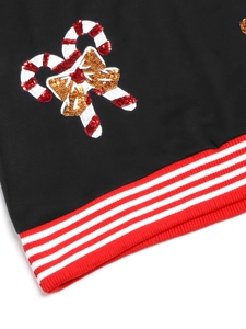 Detailed view of sequined Christmas candy cane embroidery on black knit sleeve cuff