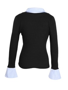 Detail view of v-neck knit sweater featuring blue striped faux-two-piece shirt collar and cuffs