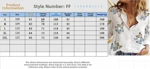 Detailed size chart for women's long sleeve butterfly print shirt with measurements S-2XL