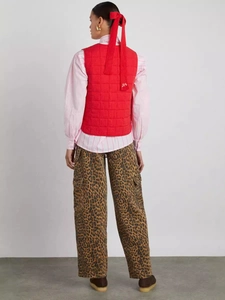 Women's red quilted puffer vest with letter embroidery and trendy high collar design