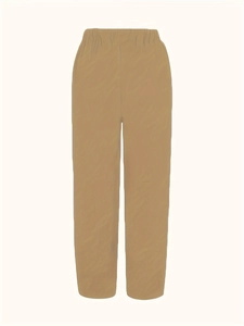 Close-up of elastic waistband and slant pockets on khaki cropped wide-leg trousers