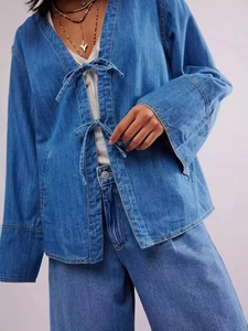 Veste en jean pour femme avec nœuds à l'avant et manches kimono en coton délavé