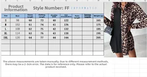 Detailed size chart for women's long sleeve leopard splice shirt showing S to 2XL measurements