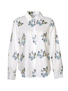 Elegant white long-sleeved button-up shirt with vibrant blue butterfly prints for women