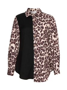 Women's long sleeve shirt with modern leopard print and black patchwork design