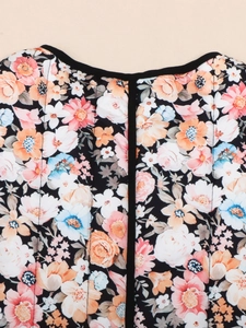 Detailed view of floral quilted cotton jacket featuring colorful patterns and black trim
