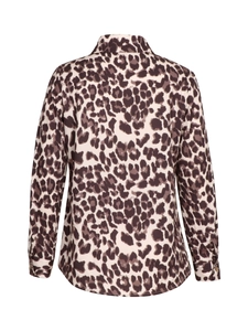 Women's leopard print long sleeve shirt with classic brown patterns and round hem back view