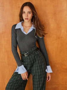 Women V-neck long sleeve faux two-piece knit top with blue striped shirt details
