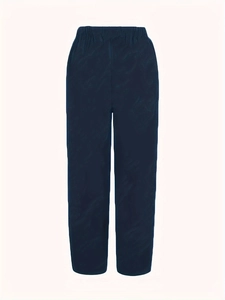 Detail of navy blue casual pants featuring elastic waist and functional side pockets