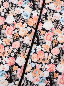 Detailed view of floral quilted cotton coat with velvet trim and small flower patterns