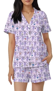 Detail of light purple pajama set featuring The Hamptons print and contrast piping trim