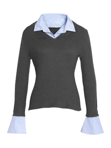 Women's V-neck patchwork knit sweater with blue striped shirt layering effect