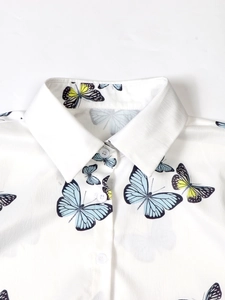 Women's long sleeve white shirt with butterfly print and classic lapel collar