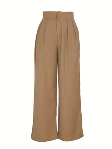 Detail view of khaki high-waisted wide-leg trousers with double-button closure and pleats