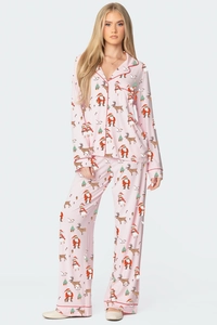 Détails de l'ensemble pyjama rose à imprimés de Noël avec manches longues et liseré rouge