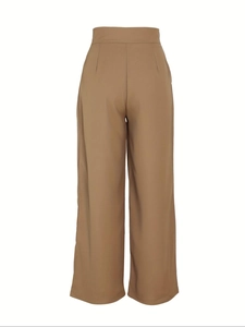 Rear view of high-waist khaki wide-leg trousers showing straight fit and tailored waist