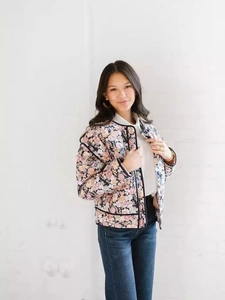Women Casual Quilted Floral Jacket Cotton Padded Warm Coat Round Neck Button Down Outerwear Pastoral Style Women Clothing