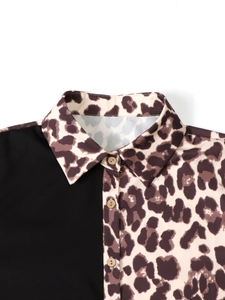 Women's long sleeve shirt featuring a unique half-black and leopard print splice design