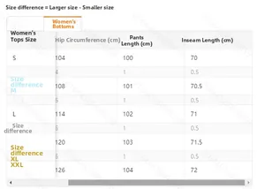 Detailed size chart for women's casual trousers including hip and inseam measurements