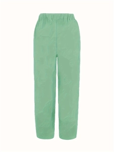 Detailed view of mint green high-waisted elastic pants with straight-leg drape fabric