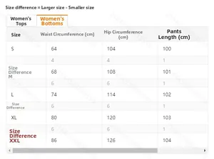 Size chart for women's casual linen pants showing waist, hips, and length from S to XXL