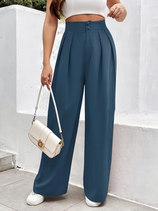 Women's high-waisted dark blue wide-leg trousers with double-button and pleated detail