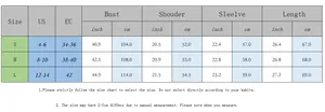 Detailed size chart for women's oversized hoodies including US and EU measurements
