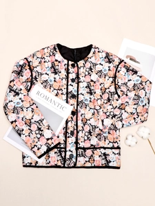 Floral quilted jacket with round neck and buttons, stylish autumn winter outerwear for women