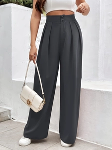 Women's dark grey high waisted wide leg dress pants with a loose straight fit and pleats