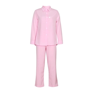 Detailed view of pink linen-style leisure suit with lapel collar and white buttons