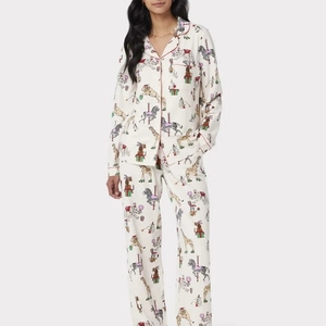 Ensemble de Pyjama Femme Imprimé Animaux du Cirque Noël Top et Bottom à Manches Longues avec Boutons Vêtements de Nuit