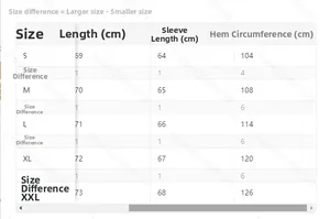Size chart for heart print button shirt showing S to XXL measurements in cm