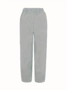 Detail view of light grey casual pants showing the elastic waistband and slanted pockets