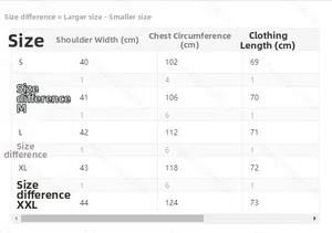 Size chart for heart print button-up shirt showing S-XXL shoulder and bust measurements
